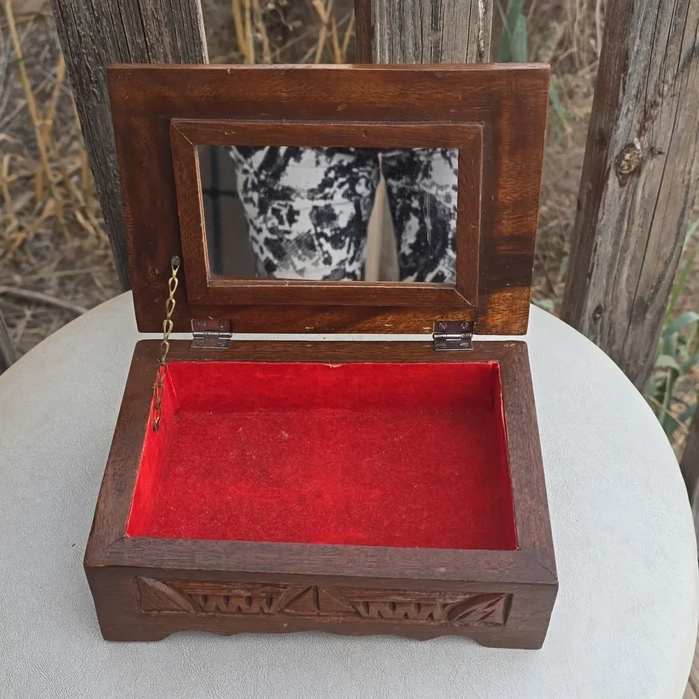 Vintage Hand Carved Wood Jewelry Box Mirror Red Velvet Lined Footed